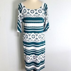Wrapper Dark Green & White Patterned Dress with Short Bell Sleeves, Size Large